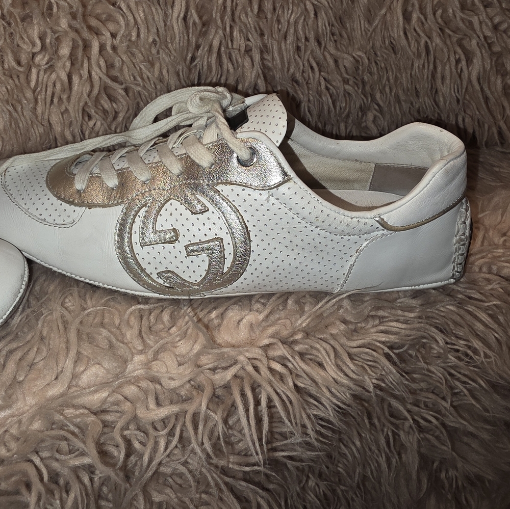 Gucci White and Silver Sneakers with Perforated Design